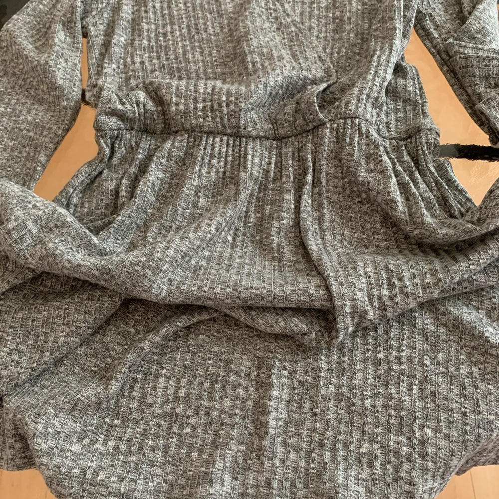 A-line Grey Trendy Ribbed Dress V-neck - Picture 3 of 5